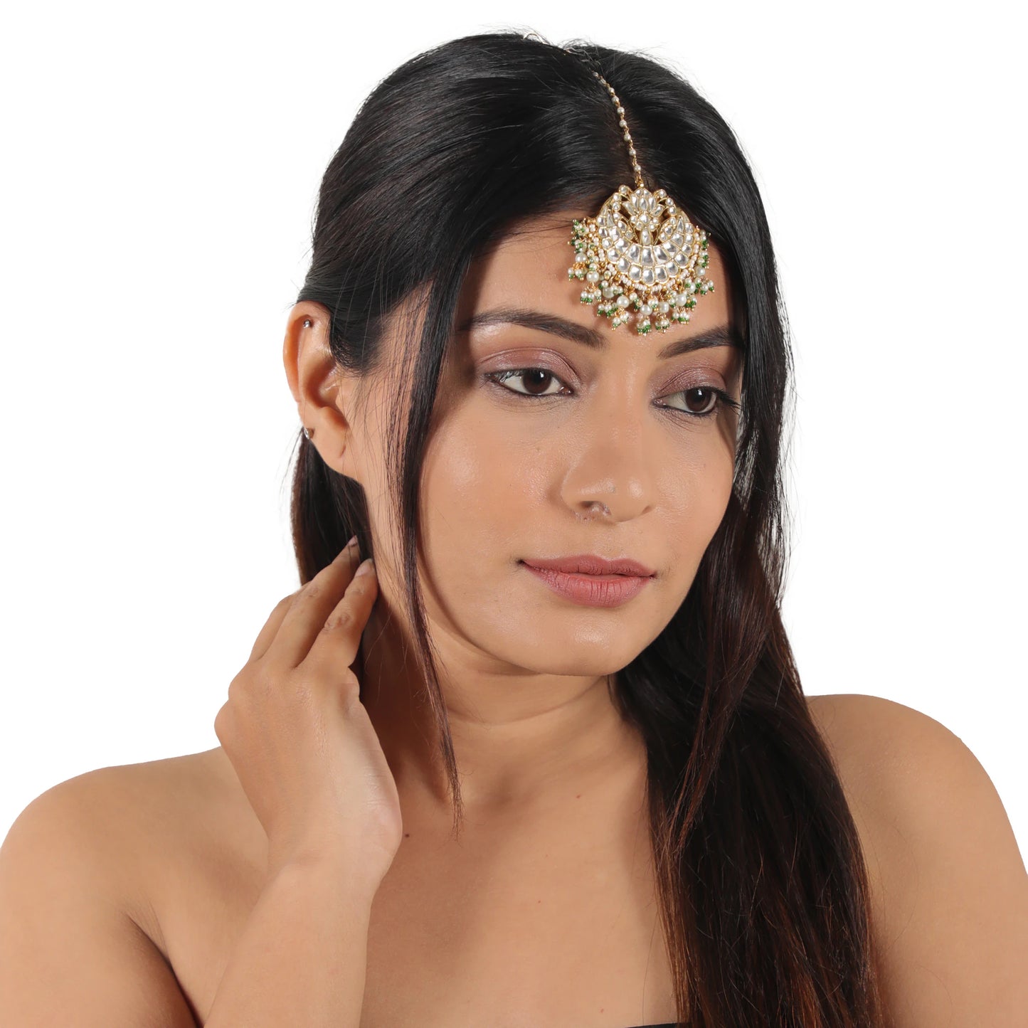 Indian Jadtar Stone Chandshape Green And White Maangtikka With Pearl