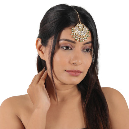 Indian Jadtar Stone Chandshape Green And White Maangtikka With Pearl
