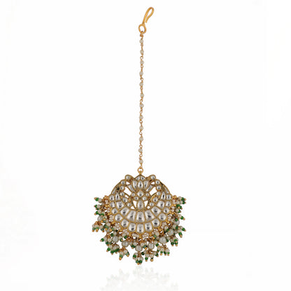 Indian Jadtar Stone Chandshape Green And White Maangtikka With Pearl