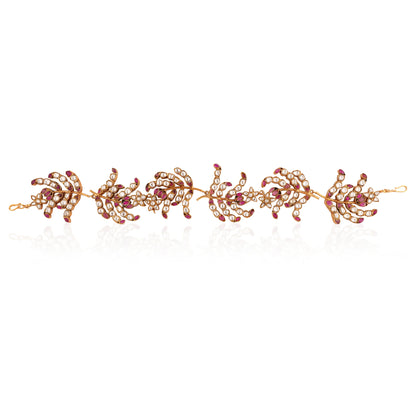 Leaf Design Pink & White Jadtar Shape Hairband