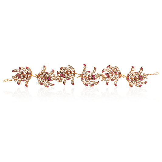 Leaf Design Pink & White Jadtar Shape Hairband