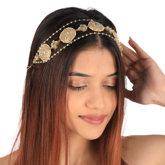 Firozi & White Jadtar Stone Hairband For Women