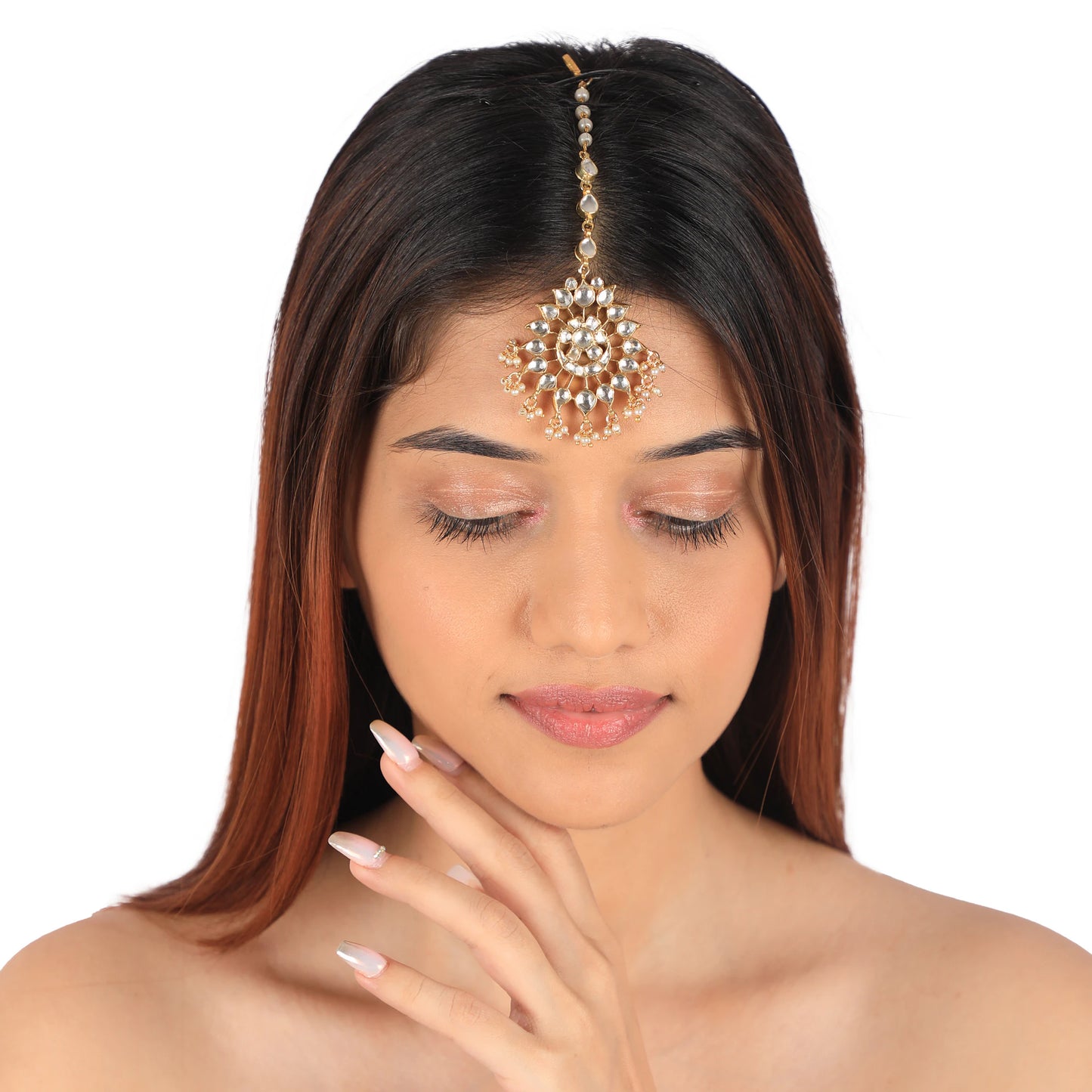 Riana Gold Plated White Stone Studded Hangings Handcrafted Maang Tikka