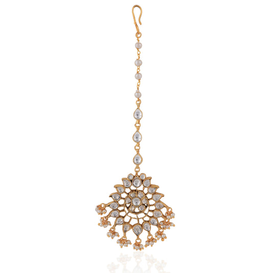 Riana Gold Plated White Stone Studded Hangings Handcrafted Maang Tikka