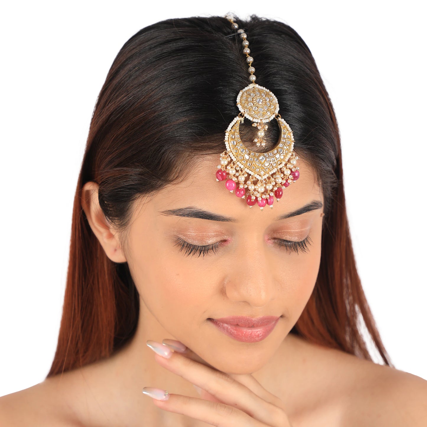 Indian Traditional Rani Pink Jadtar Maangtikka With Pearls