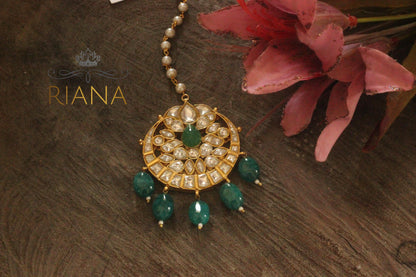 Emerald Green Beads White Jadtar Wedding Wear Maangtikka