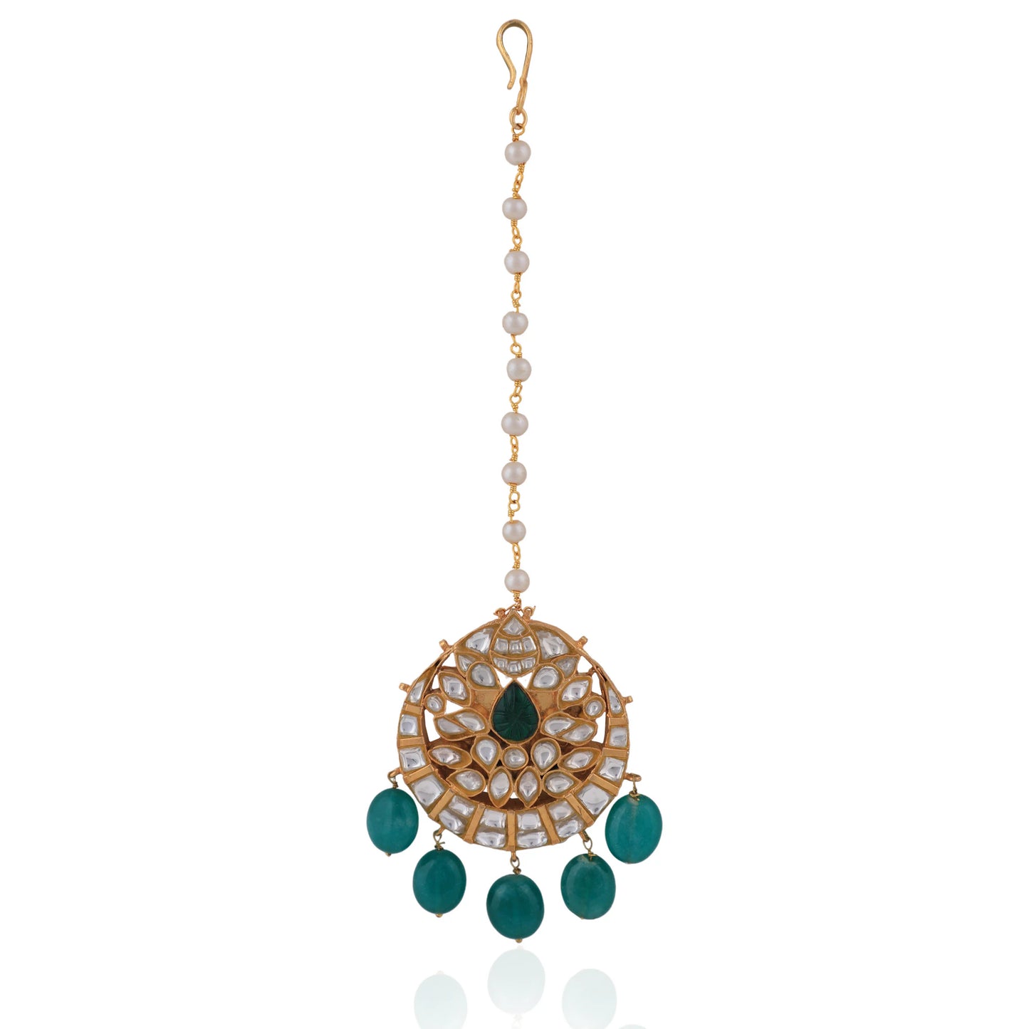 Emerald Green Beads White Jadtar Wedding Wear Maangtikka