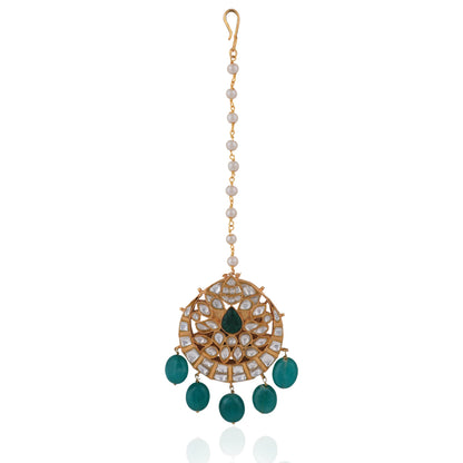 Emerald Green Beads White Jadtar Wedding Wear Maangtikka