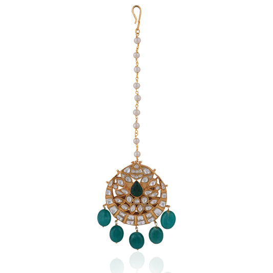 Emerald Green Beads White Jadtar Wedding Wear Maangtikka