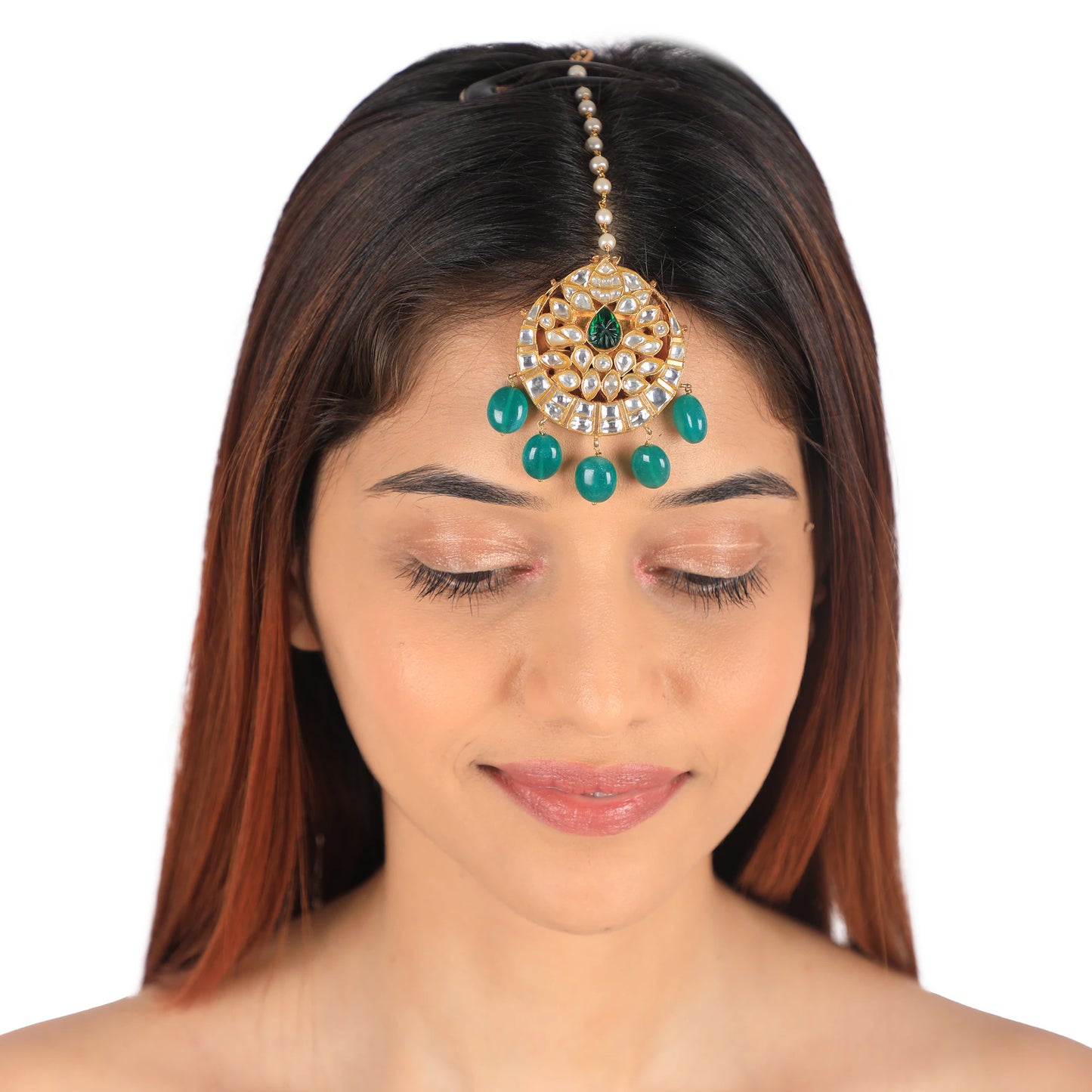 Emerald Green Beads White Jadtar Wedding Wear Maangtikka