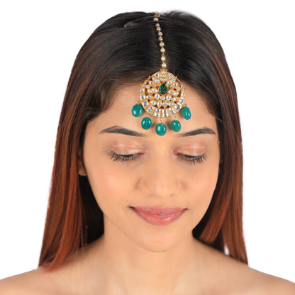 Emerald Green Beads White Jadtar Wedding Wear Maangtikka
