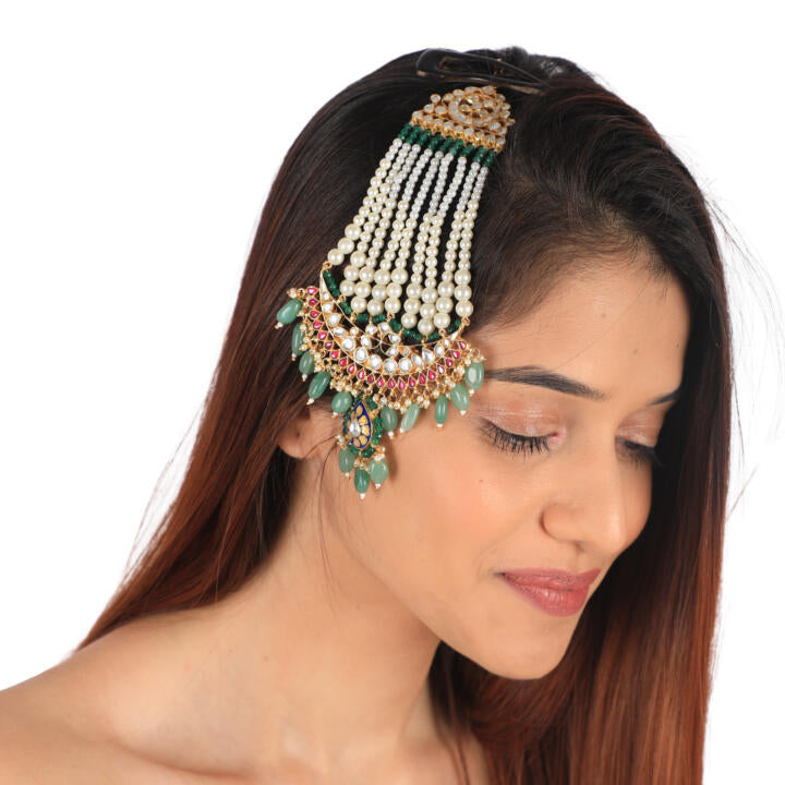 Sea Green & Pink Gold Tone Jadtar Passa With Pearls And A  Little Touch Of Blue Mina