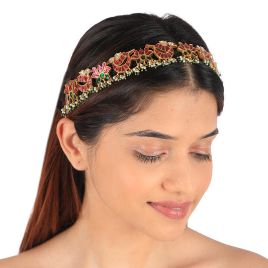 Traditional Statement Mathapatti Hairband With Lotus And Peacock Motives
