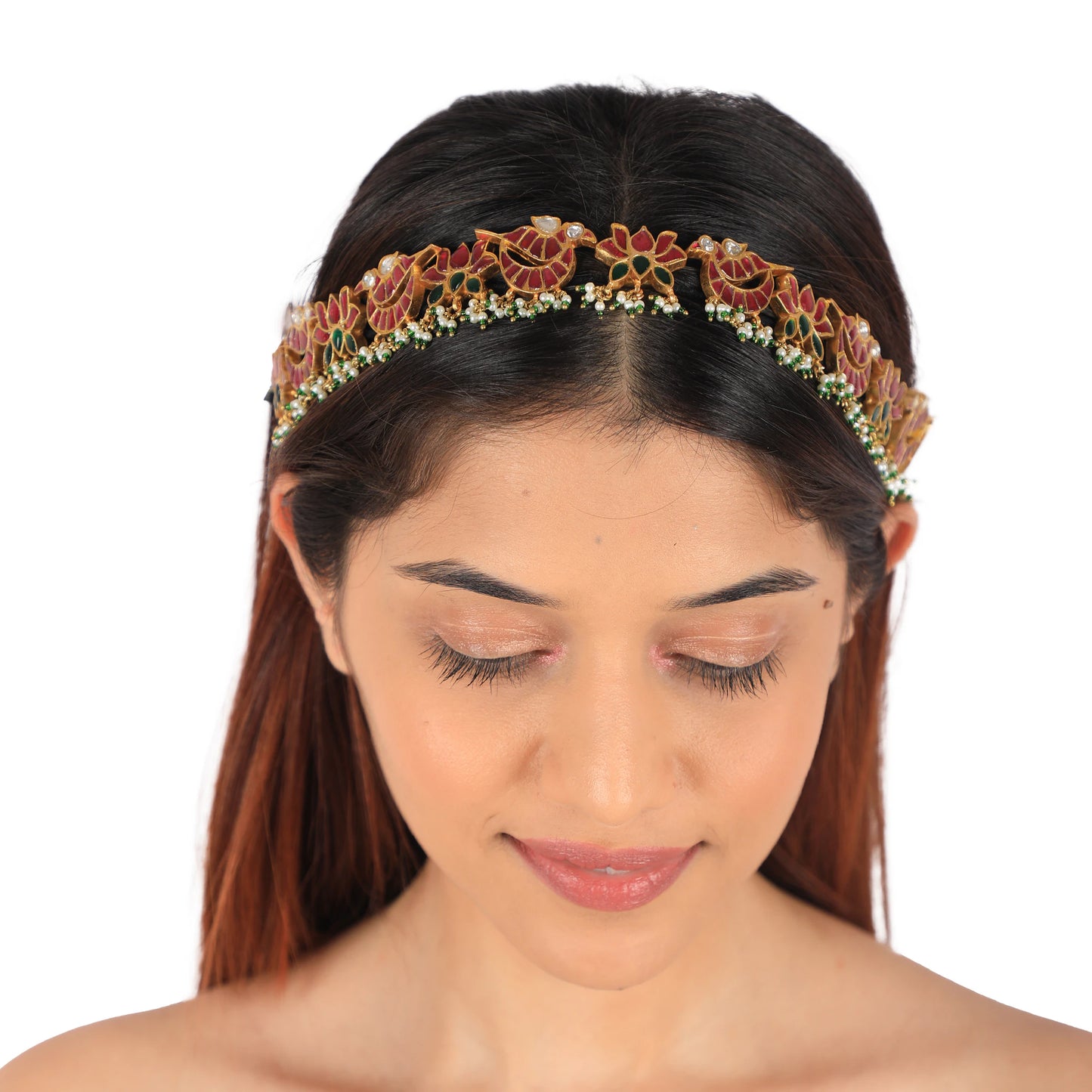 Traditional Statement Mathapatti Hairband With Lotus And Peacock Motives
