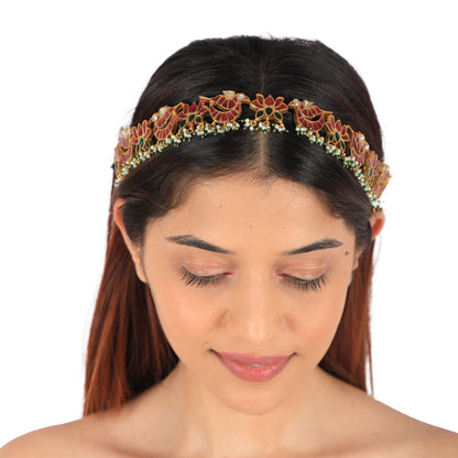 Traditional Statement Mathapatti Hairband With Lotus And Peacock Motives
