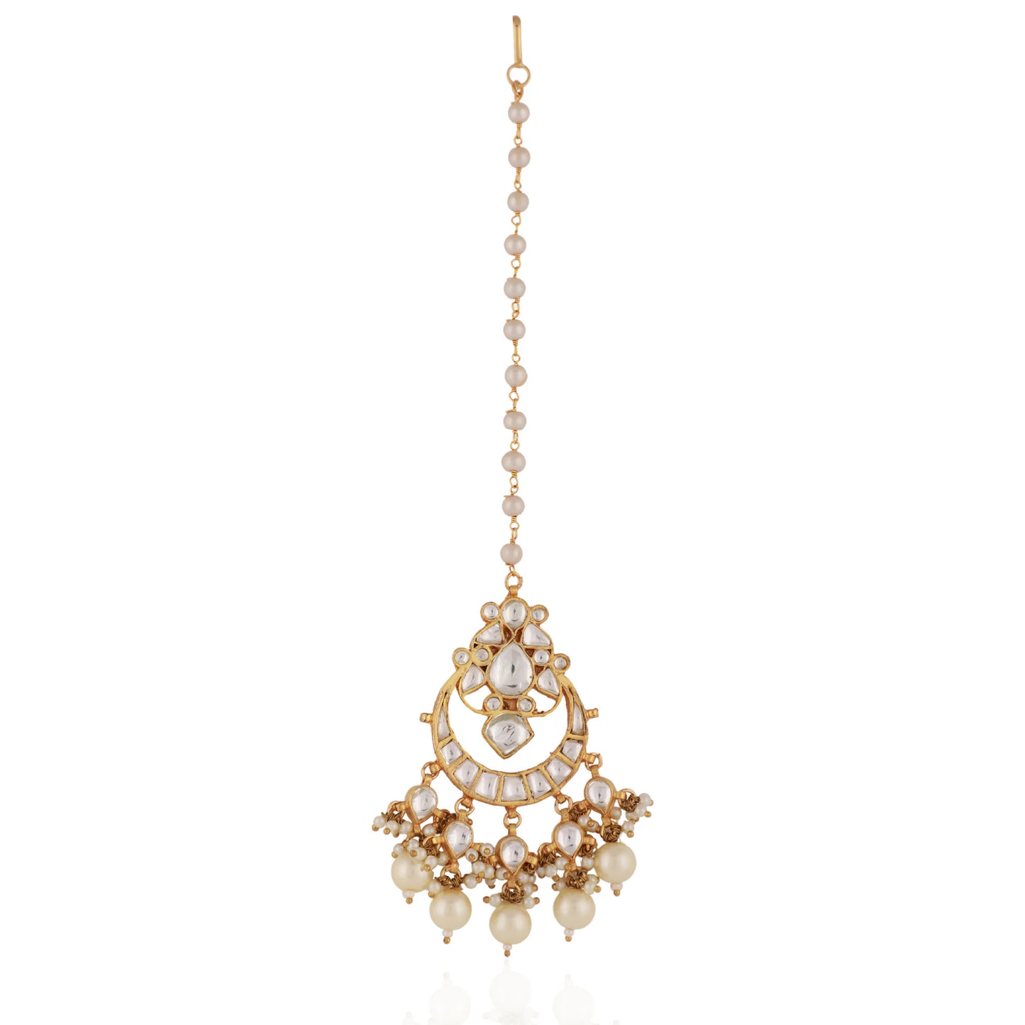 Gold Finish White Pearl Jadtar Maangtika