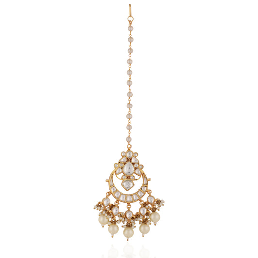 Gold Finish White Pearl Jadtar Maangtika