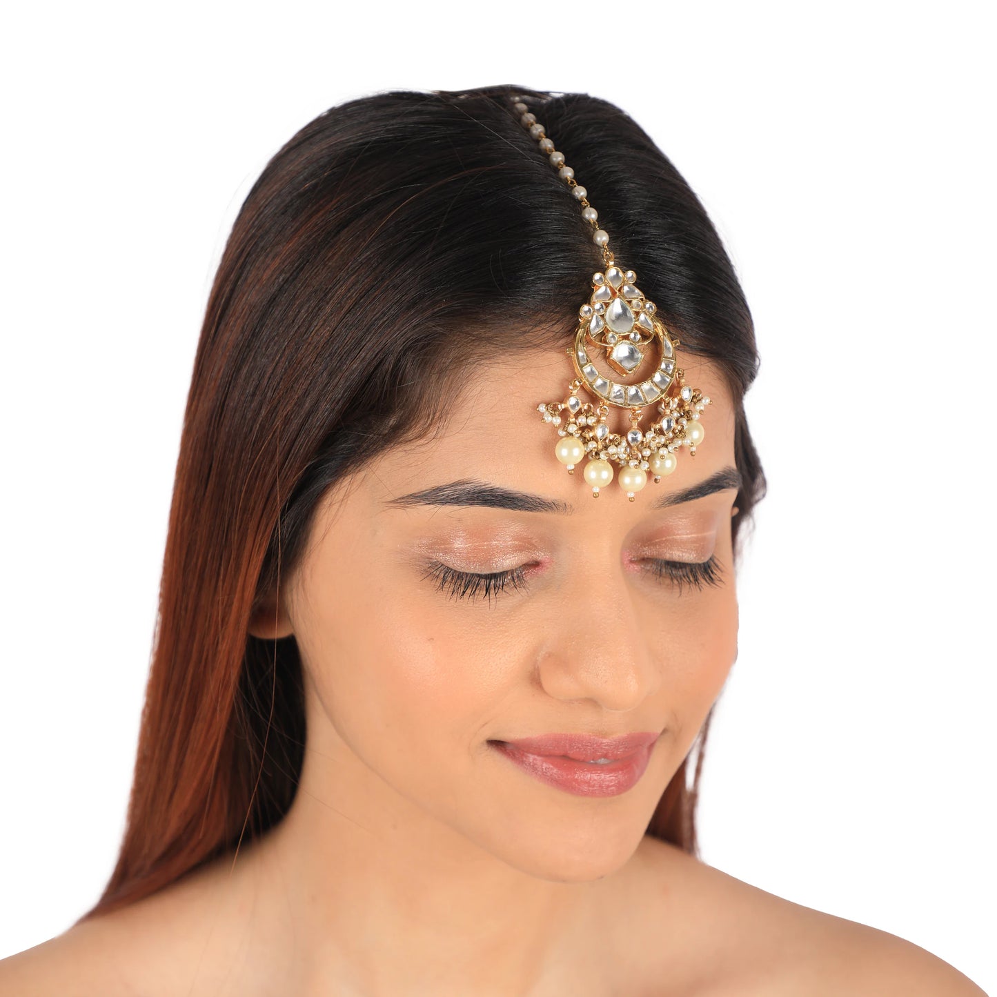 Gold Finish White Pearl Jadtar Maangtika