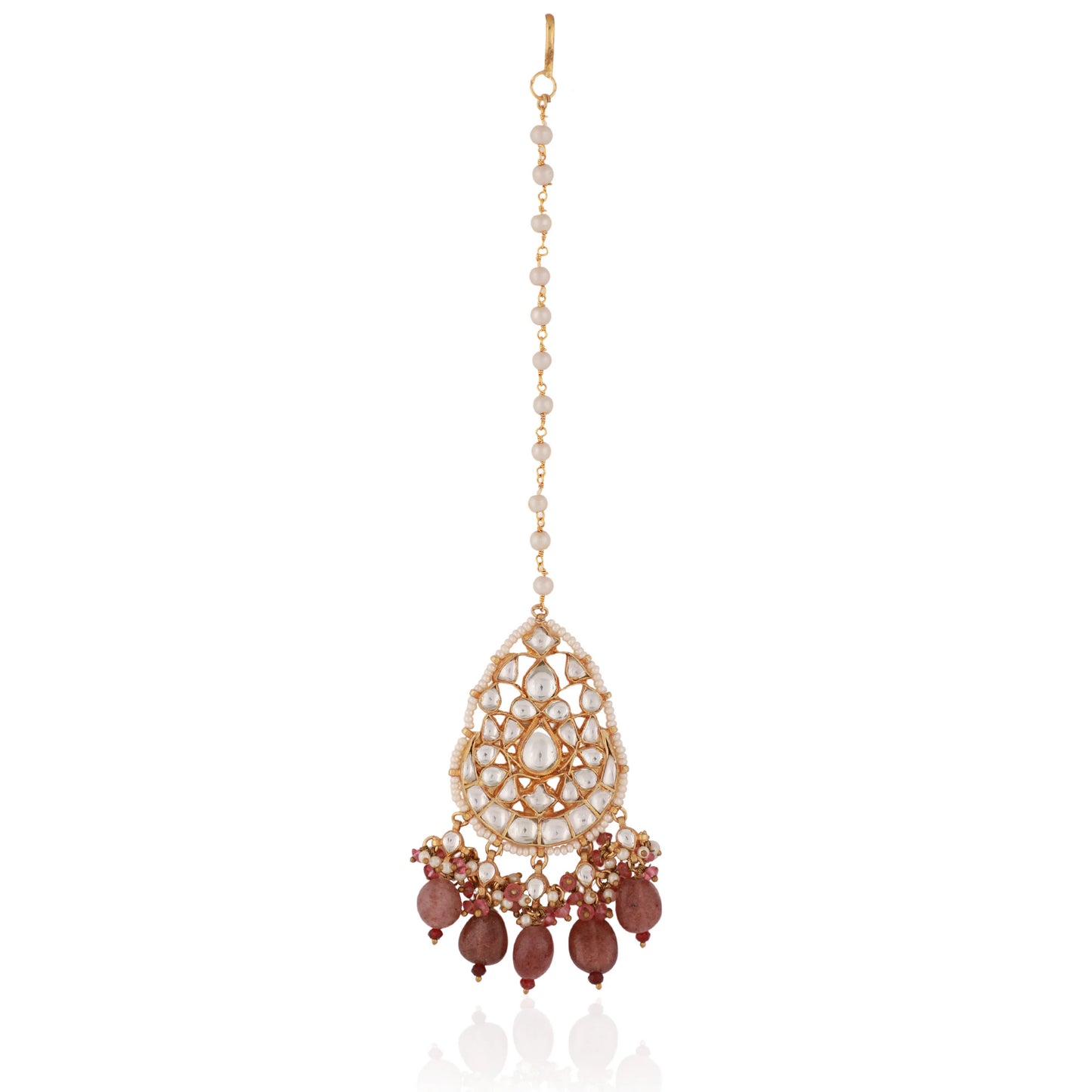 Pastel Pink Bead Gold Plated Maangtikka