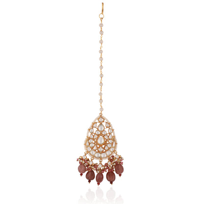 Pastel Pink Bead Gold Plated Maangtikka