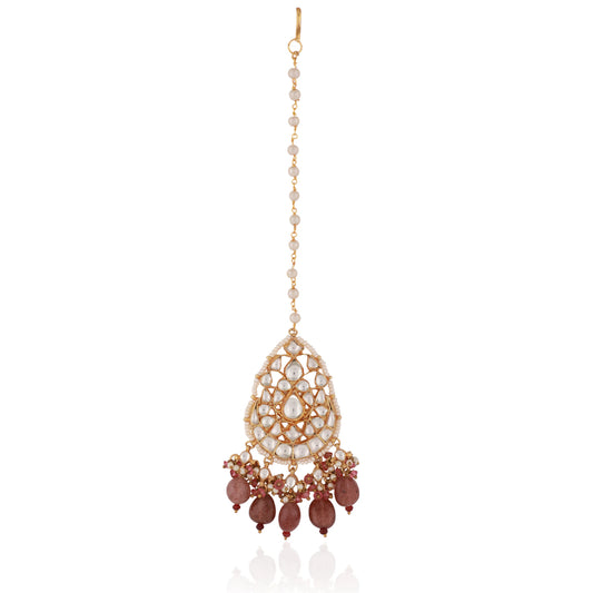 Pastel Pink Bead Gold Plated Maangtikka