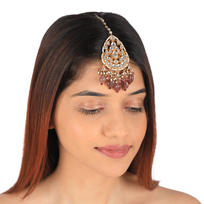 Pastel Pink Bead Gold Plated Maangtikka