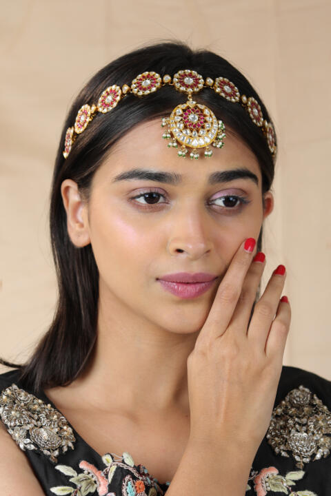 Ocassion wear Rajasthani Royal pink green uniquely handcraftedbold jadau mathapatti