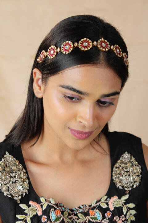 South style temple kundan mathapatt/hairbandi in floral design with Ruby and jadau stones