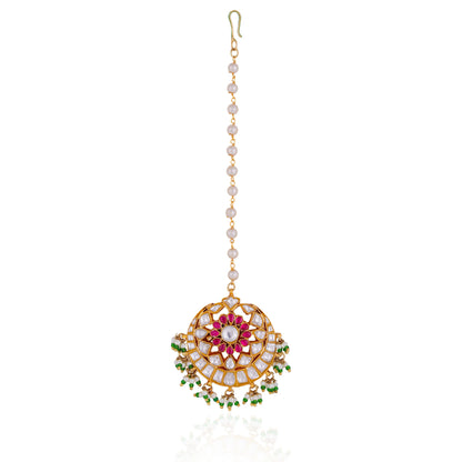 women gold plated ethnic pink green mang tikka-riana