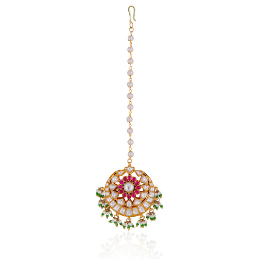 women gold plated ethnic pink green mang tikka-riana