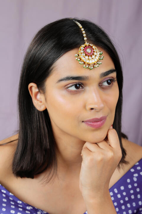 women gold plated ethnic pink green mang tikka-riana