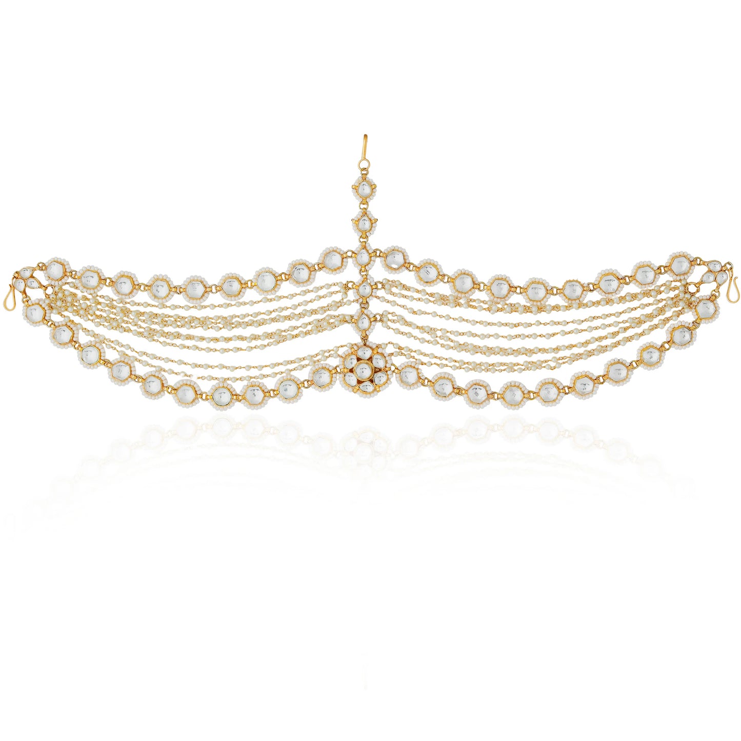 Bridal wear mathapatti in ethnic royal style with pearls in 3 layers