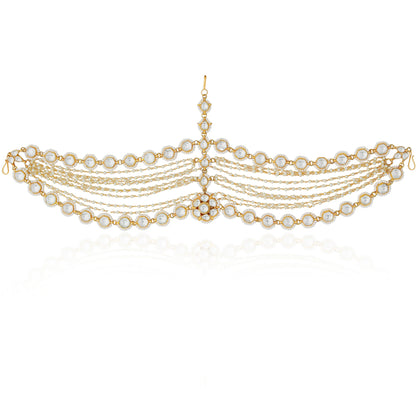 Bridal wear mathapatti in ethnic royal style with pearls in 3 layers