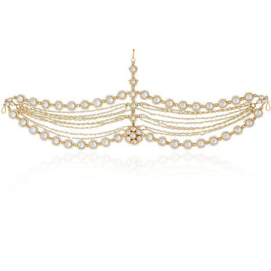 Bridal wear mathapatti in ethnic royal style with pearls in 3 layers