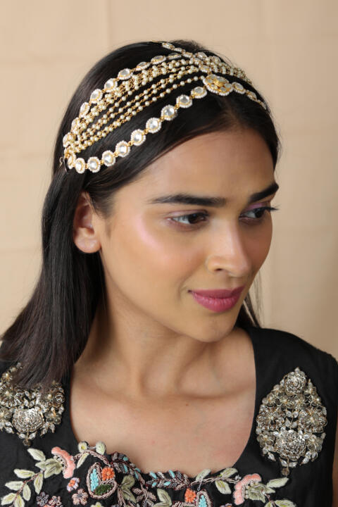 Bridal wear mathapatti in ethnic royal style with pearls in 3 layers