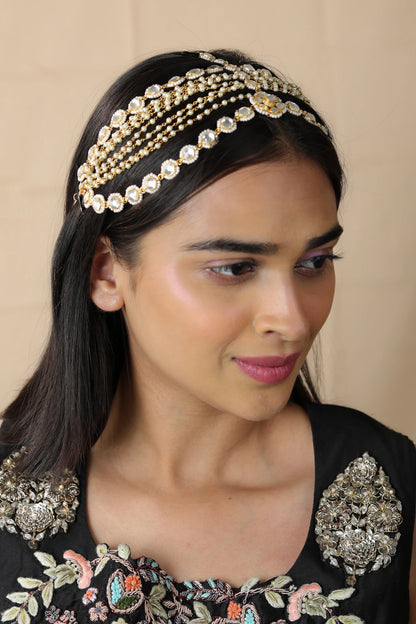 Bridal wear mathapatti in ethnic royal style with pearls in 3 layers