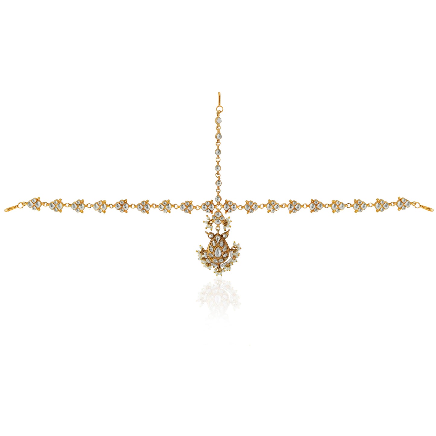 White Traditional Matte gold finish sheeshpatti with delicate pearls