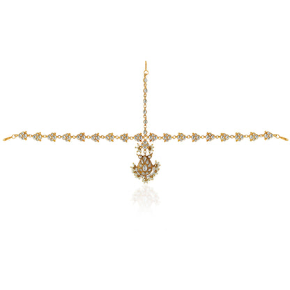White Traditional Matte gold finish sheeshpatti with delicate pearls
