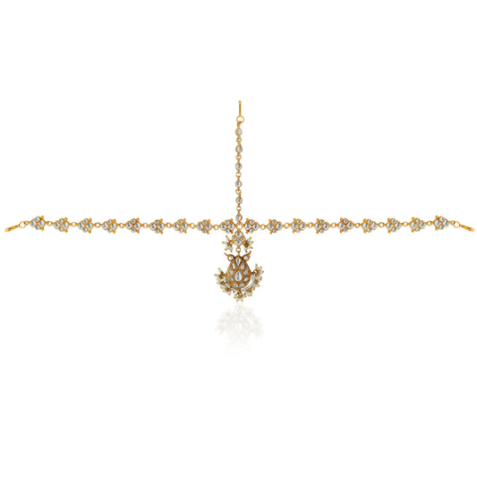 White Traditional Matte gold finish sheeshpatti with delicate pearls