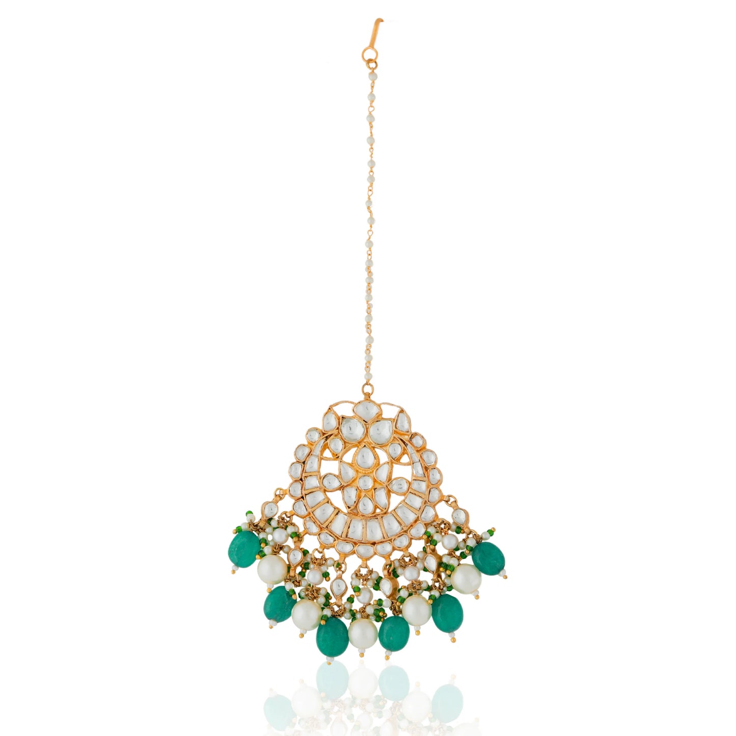 Gold finish jadtar green white Maang Tikka