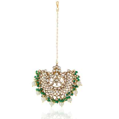 Indian wedding Mehendi jewelery,Emerald sea green bead pearl Maangtikka