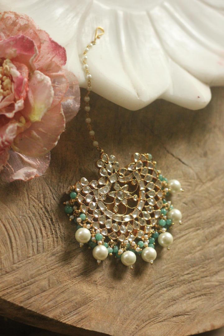Indian wedding Mehendi jewelery,Emerald sea green bead pearl Maangtikka