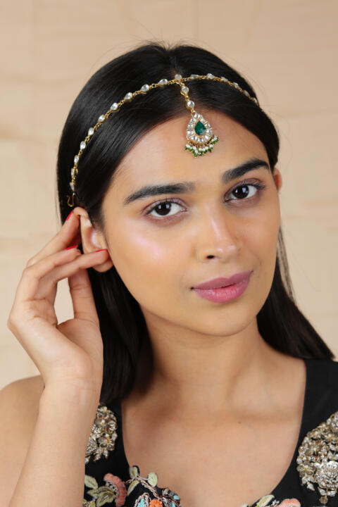 Indian Embellished green white stone delicate Indo western Mathapatti for women