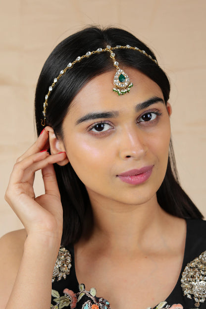 Indian Embellished green white stone delicate Indo western Mathapatti for women