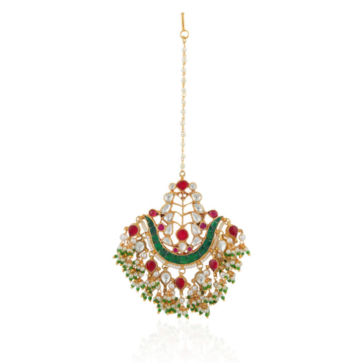 Indian forehead jewelry/Jadtar pink green maangtikka