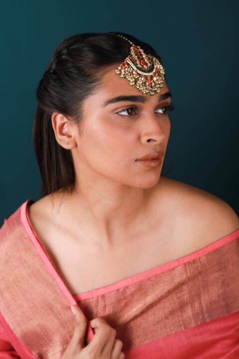 Indian forehead jewelry/Jadtar pink green maangtikka