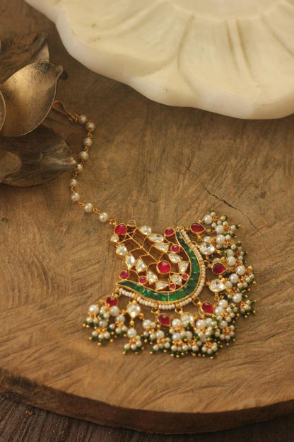 Indian forehead jewelry/Jadtar pink green maangtikka
