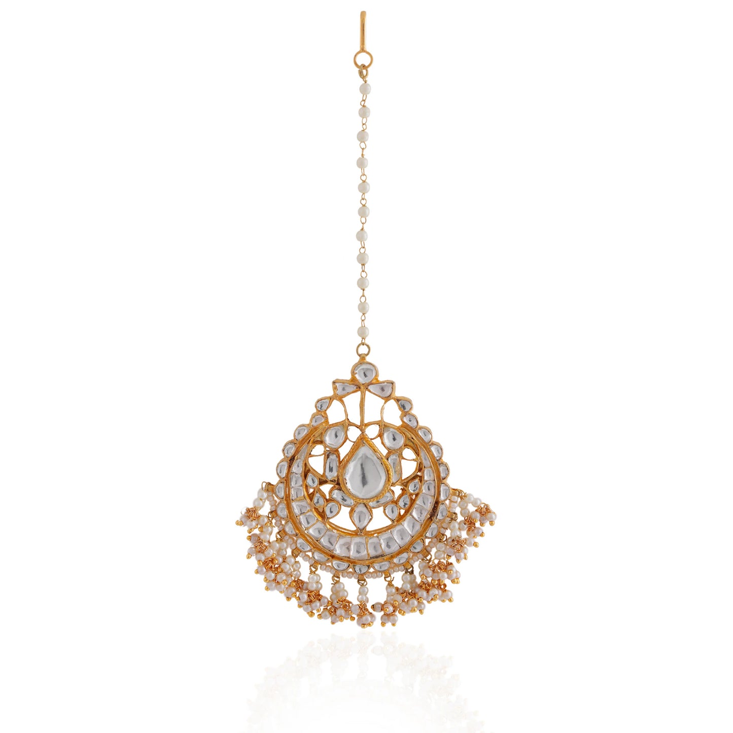 Women gold plated pearl and jadtar studded Maangtikka