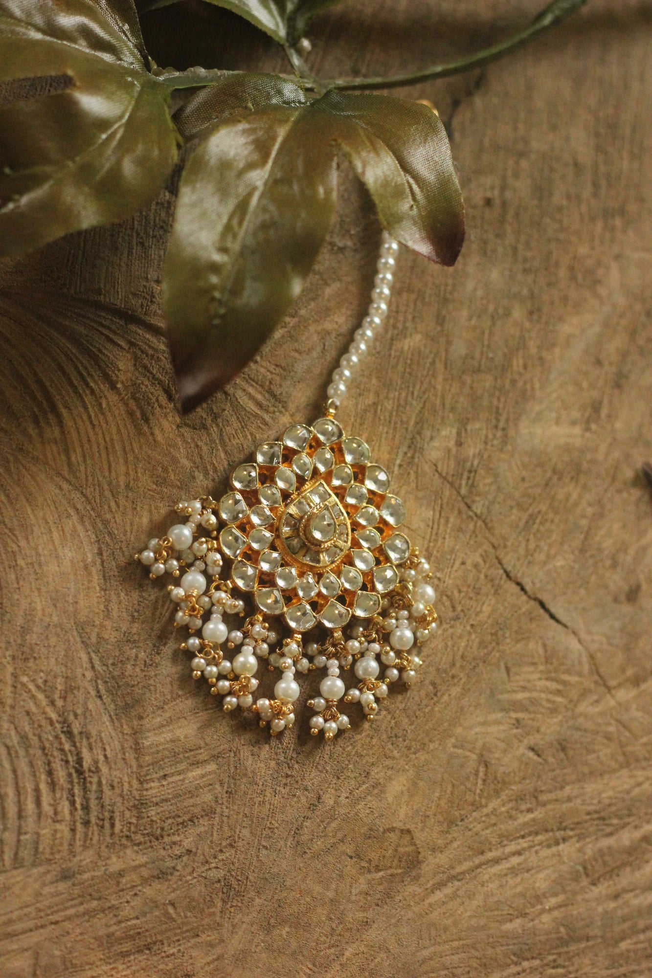 Riana Traditional gold plated pearl beads jadtar maang-tikka for women