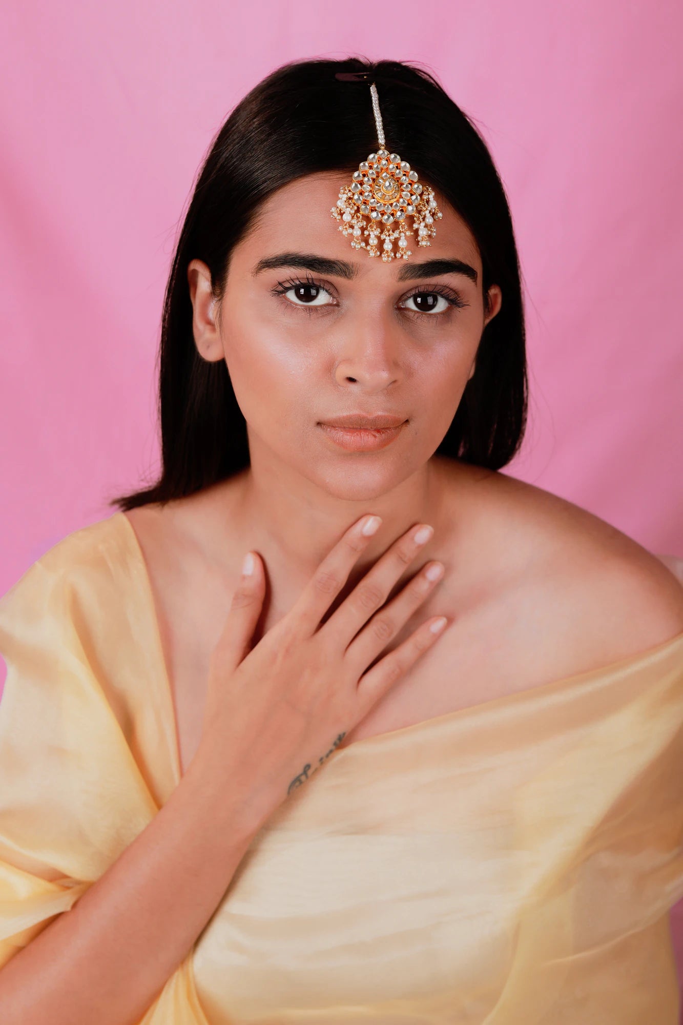 Riana Traditional gold plated pearl beads jadtar maang-tikka for women
